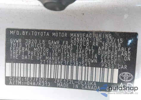 2015 Toyota Corolla S Plus from USA, damaged, VIN 2T1BURHE1FC382541